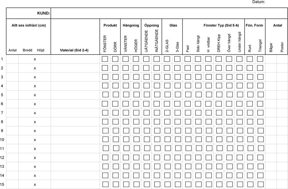 Form Antal FÖNSTER DÖRR VÄNSTER HÖGER UÅTGÅENDE INÅTGÅENDE 2-GLAS 3-Glas Fast Sido hängt