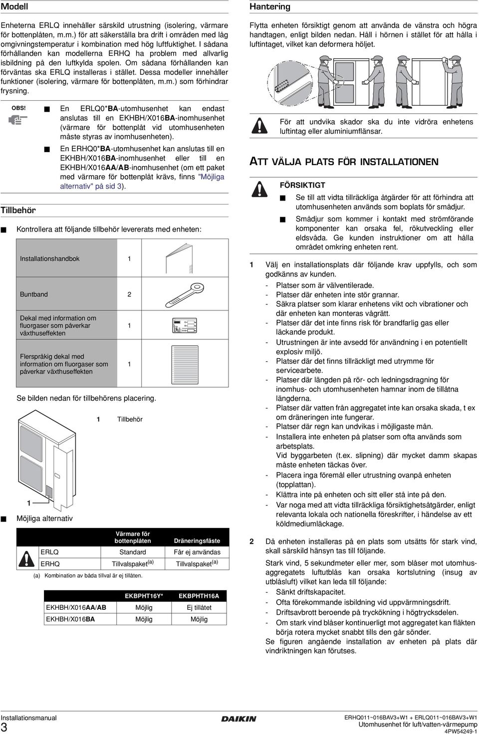 Dessa modeller innehåller funktioner (isolering, värmare för bottenplåten, m.m.) som förhindrar frysning. Tillbehör OBS!