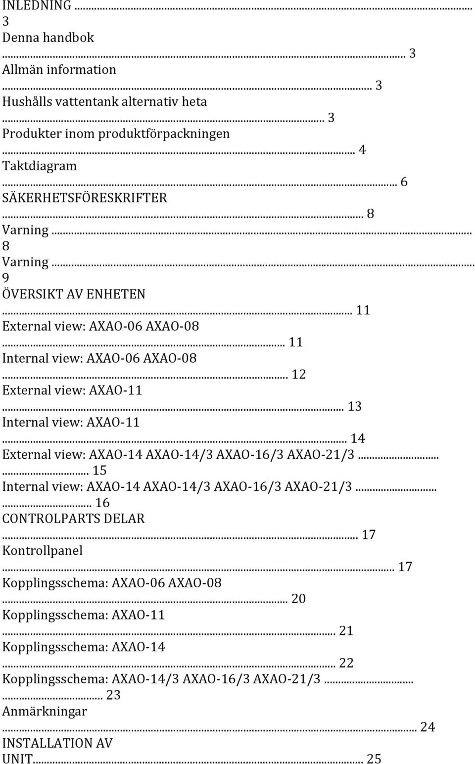 .. 4 External view: AXAO- 4 AXAO- 4/3 AXAO- 6/3 AXAO- 2/3...... 5 Internal view: AXAO- 4 AXAO- 4/3 AXAO- 6/3 AXAO- 2/3...... 6 CONTROLPARTS DELAR... 7 Kontrollpanel.