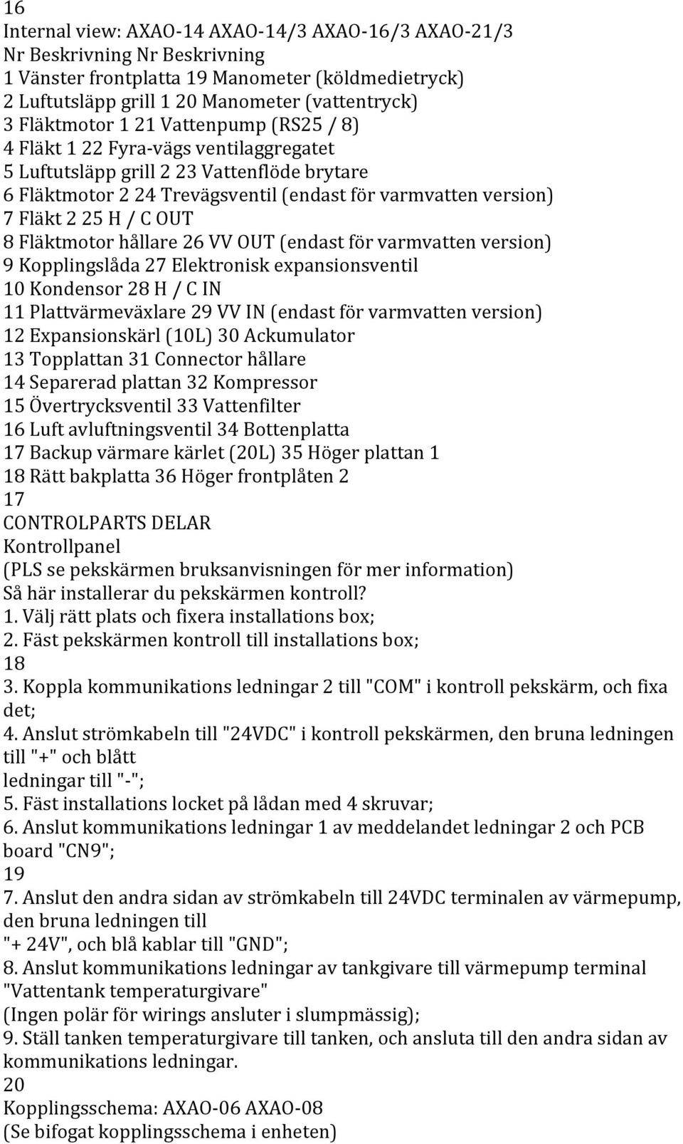 Fläktmotor hållare 26 VV OUT (endast för varmvatten version) 9 Kopplingslåda 27 Elektronisk expansionsventil 0 Kondensor 28 H / C IN Plattvärmeväxlare 29 VV IN (endast för varmvatten version) 2