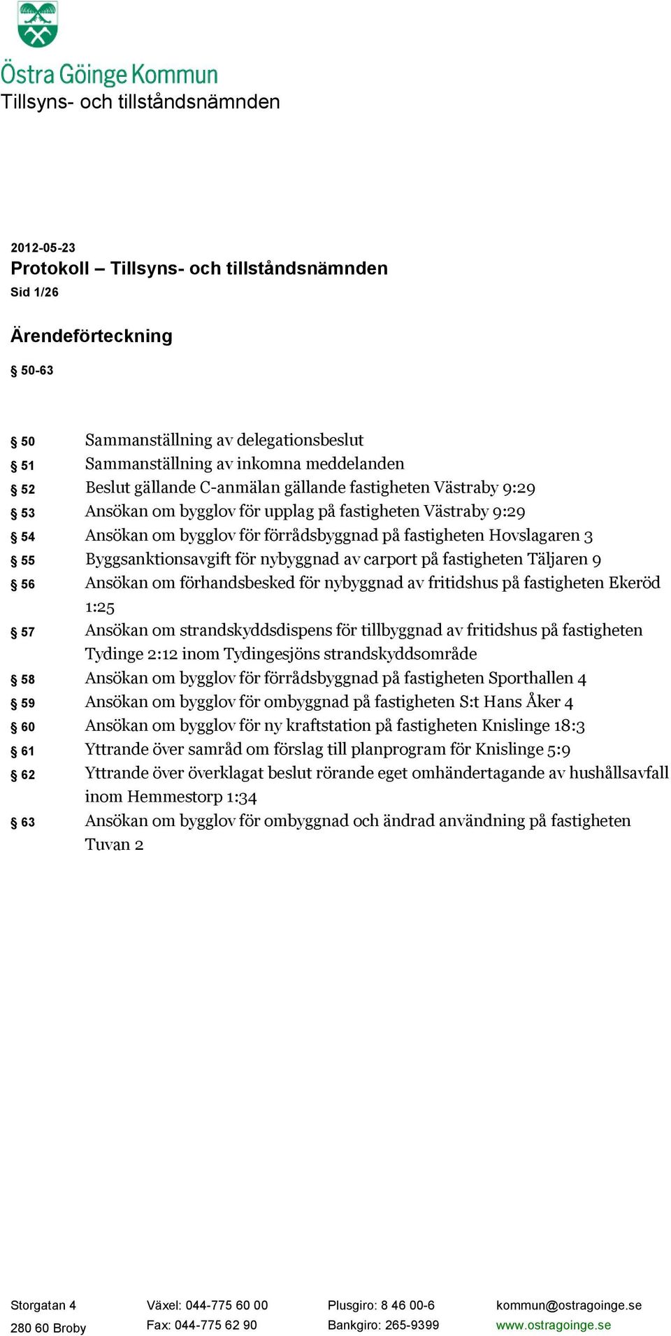 Byggsanktionsavgift för nybyggnad av carport på fastigheten Täljaren 9 56 Ansökan om förhandsbesked för nybyggnad av fritidshus på fastigheten Ekeröd 1:25 57 Ansökan om strandskyddsdispens för