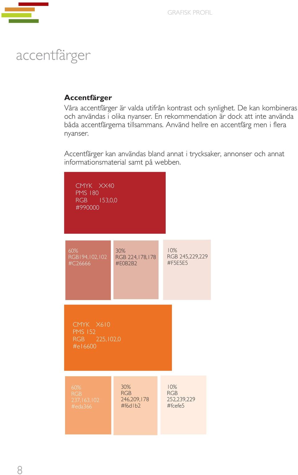 Accentfärger kan användas bland annat i trycksaker, annonser och annat informationsmaterial samt på webben.