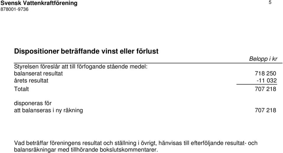 disponeras för att balanseras i ny räkning 707 218 Vad beträffar föreningens resultat och