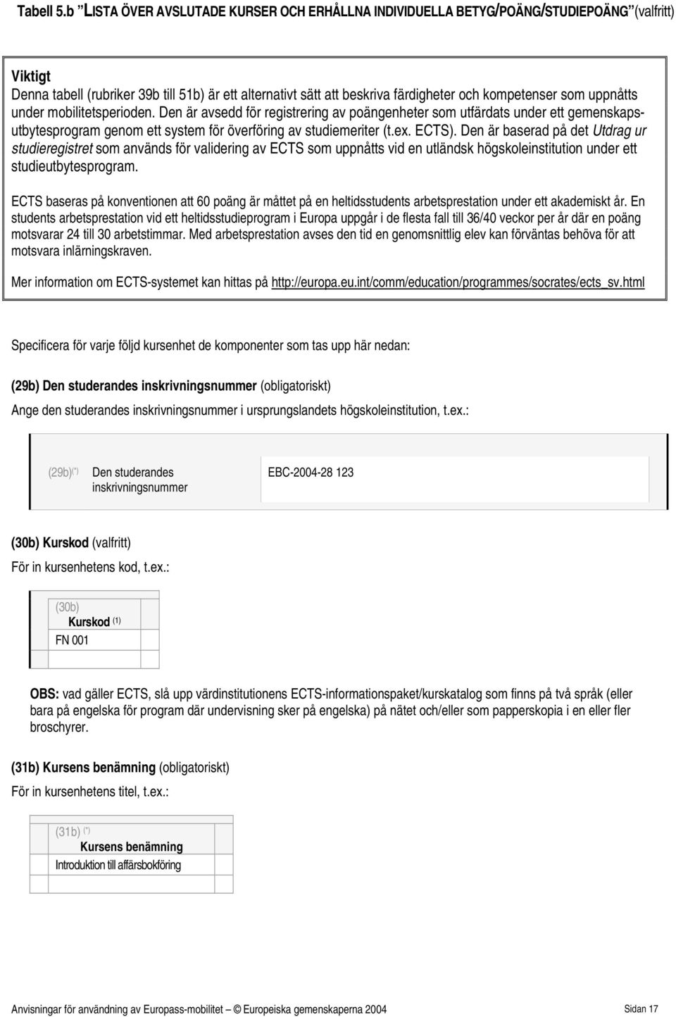 kompetenser som uppnåtts under mobilitetsperioden. Den är avsedd för registrering av poängenheter som utfärdats under ett gemenskapsutbytesprogram genom ett system för överföring av studiemeriter (t.