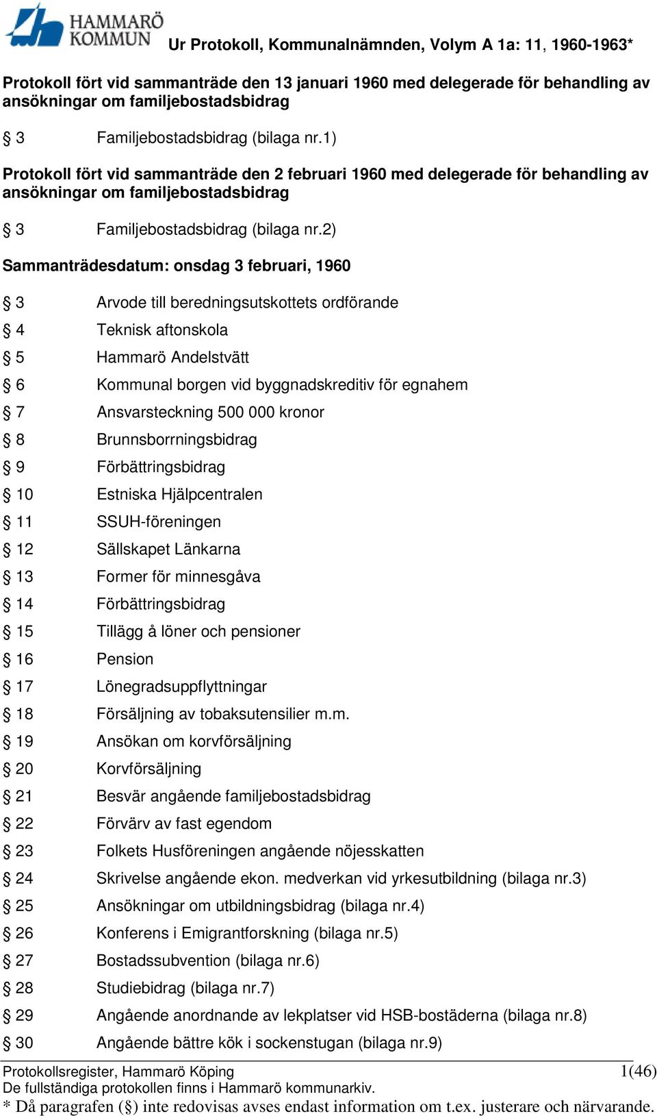 2) Sammanträdesdatum: onsdag 3 februari, 1960 3 Arvode till beredningsutskottets ordförande 4 Teknisk aftonskola 5 Hammarö Andelstvätt 6 Kommunal borgen vid byggnadskreditiv för egnahem 7