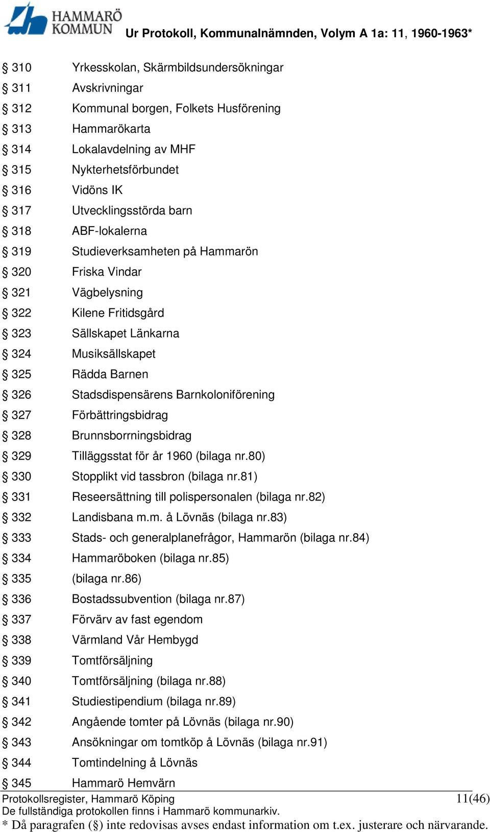 Stadsdispensärens Barnkoloniförening 327 Förbättringsbidrag 328 Brunnsborrningsbidrag 329 Tilläggsstat för år 1960 (bilaga nr.80) 330 Stopplikt vid tassbron (bilaga nr.