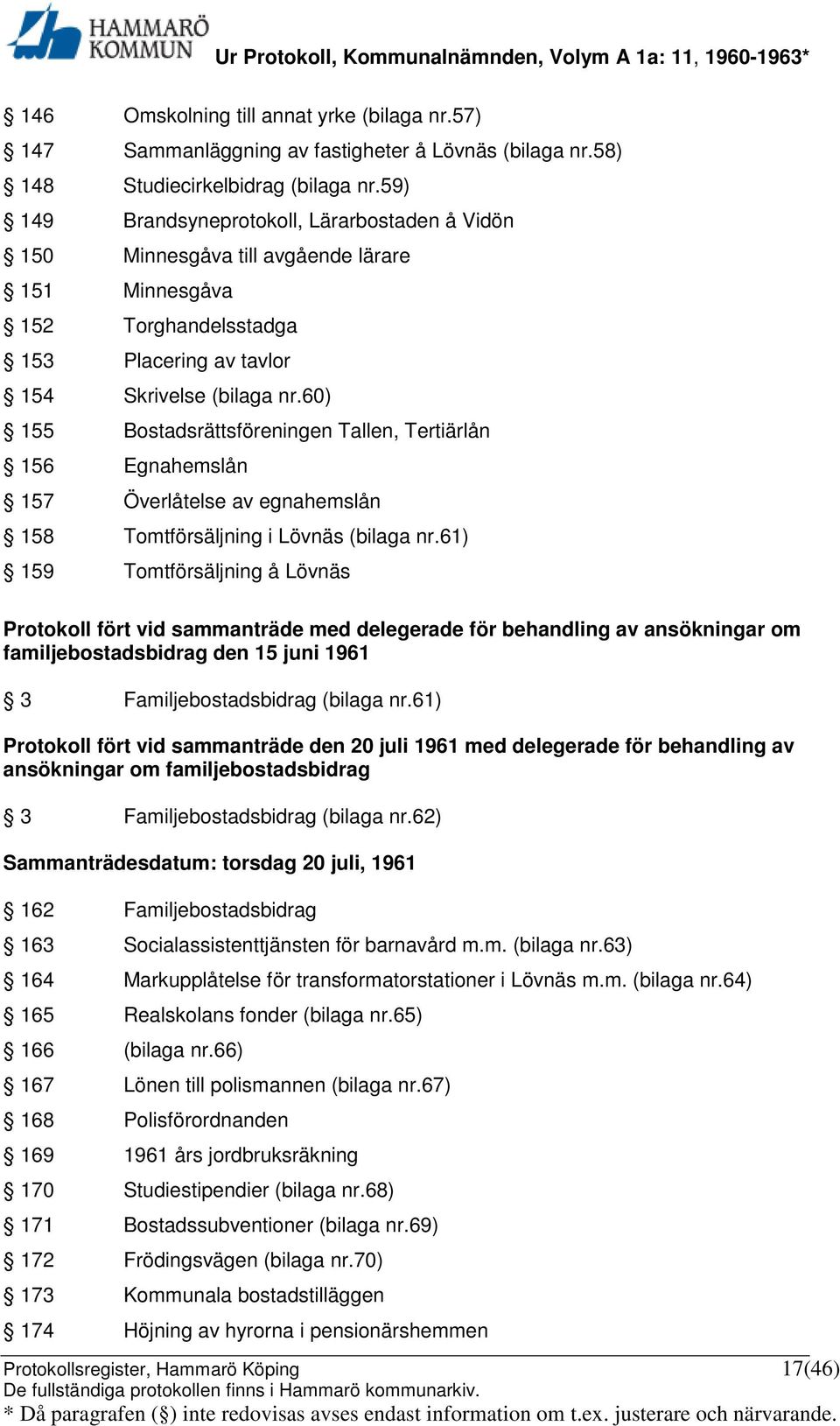 60) 155 Bostadsrättsföreningen Tallen, Tertiärlån 156 Egnahemslån 157 Överlåtelse av egnahemslån 158 Tomtförsäljning i Lövnäs (bilaga nr.