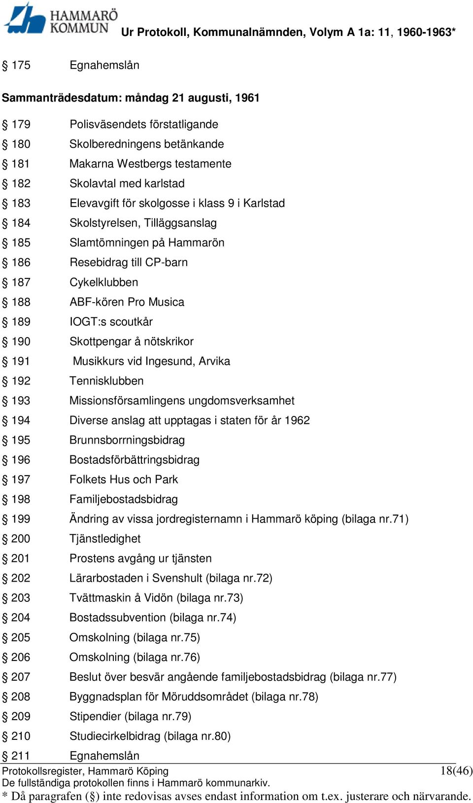 Skottpengar å nötskrikor 191 Musikkurs vid Ingesund, Arvika 192 Tennisklubben 193 Missionsförsamlingens ungdomsverksamhet 194 Diverse anslag att upptagas i staten för år 1962 195