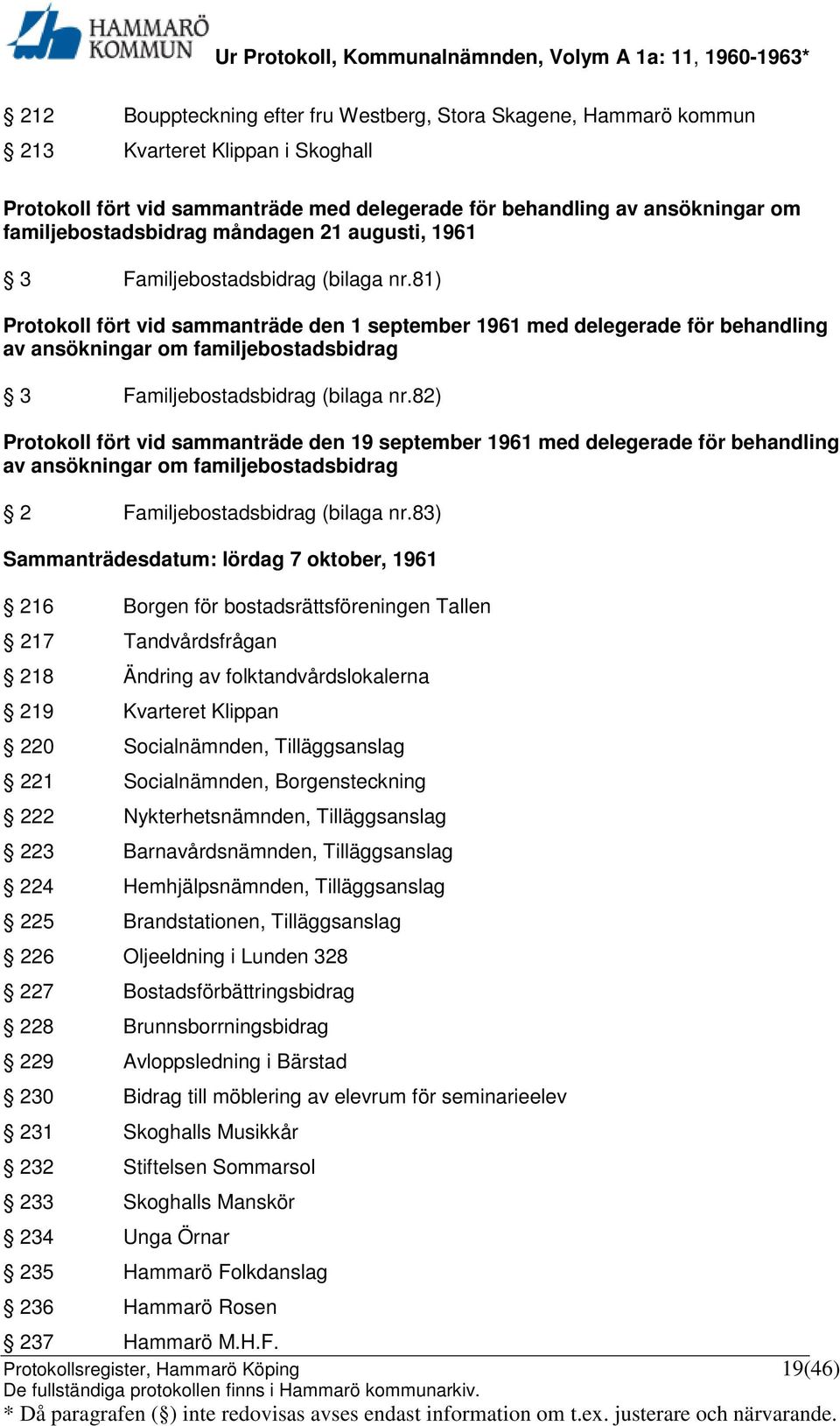 81) Protokoll fört vid sammanträde den 1 september 1961 med delegerade för behandling av ansökningar om familjebostadsbidrag 3 Familjebostadsbidrag (bilaga nr.