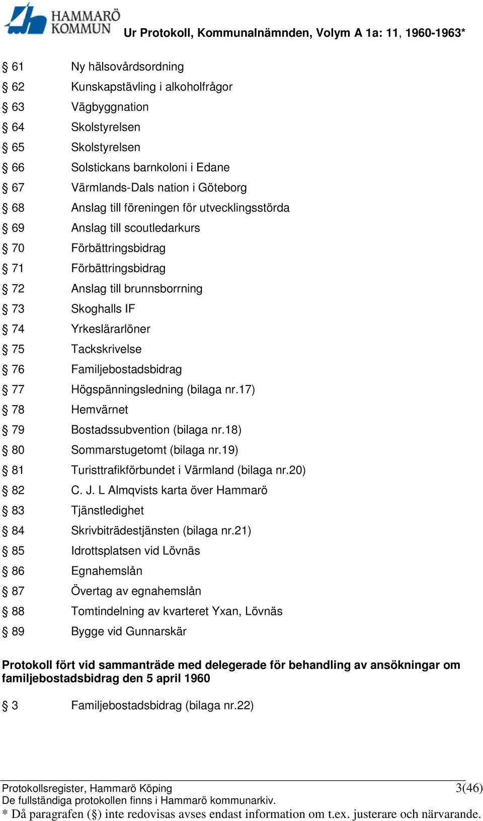 Familjebostadsbidrag 77 Högspänningsledning (bilaga nr.17) 78 Hemvärnet 79 Bostadssubvention (bilaga nr.18) 80 Sommarstugetomt (bilaga nr.19) 81 Turisttrafikförbundet i Värmland (bilaga nr.20) 82 C.