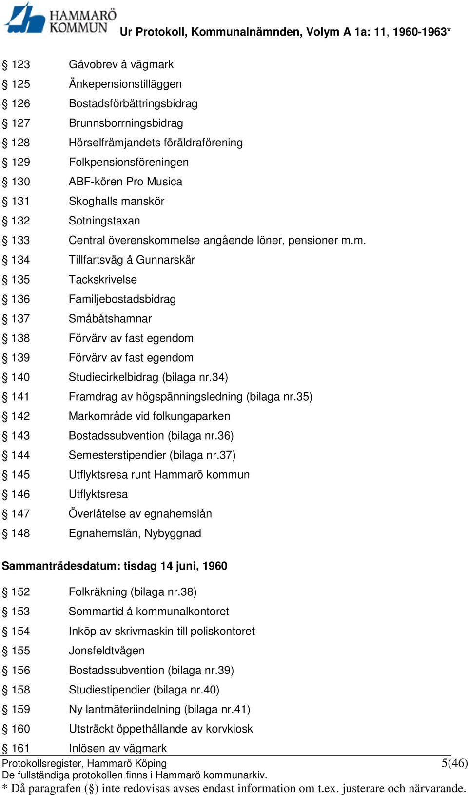 34) 141 Framdrag av högspänningsledning (bilaga nr.35) 142 Markområde vid folkungaparken 143 Bostadssubvention (bilaga nr.36) 144 Semesterstipendier (bilaga nr.