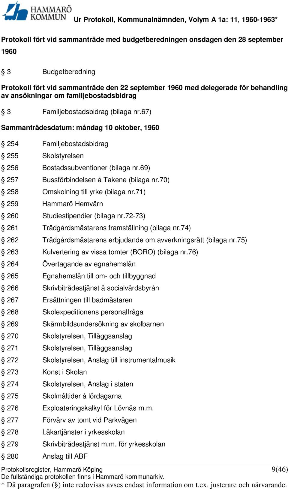 69) 257 Bussförbindelsen å Takene (bilaga nr.70) 258 Omskolning till yrke (bilaga nr.71) 259 Hammarö Hemvärn 260 Studiestipendier (bilaga nr.72-73) 261 Trädgårdsmästarens framställning (bilaga nr.