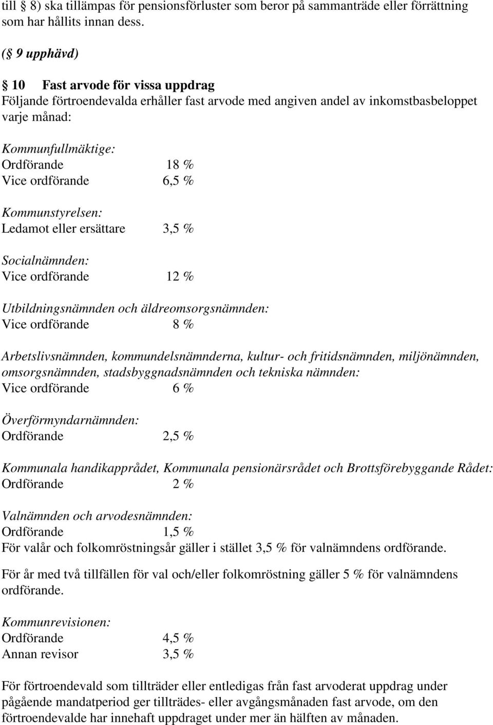 % Kommunstyrelsen: Ledamot eller ersättare 3,5 % Socialnämnden: Vice ordförande 12 % Utbildningsnämnden och äldreomsorgsnämnden: Vice ordförande 8 % Arbetslivsnämnden, kommundelsnämnderna, kultur-