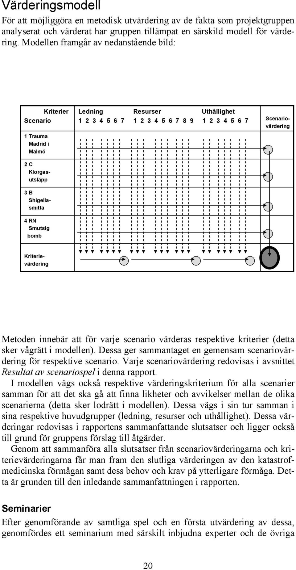 Klorgasutsläpp Scenariovärdering Kriterievärdering Metoden innebär att för varje scenario värderas respektive kriterier (detta sker vågrätt i modellen).
