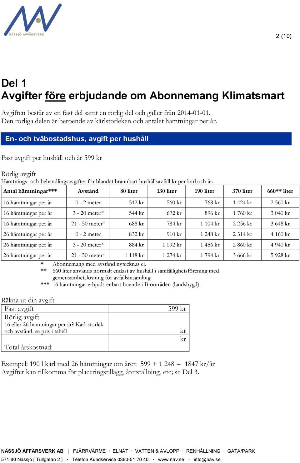 En- och tvåbostadshus, avgift per hushåll Fast avgift per hushåll och år 599 Hämtnings- och behandlingsavgifter för blandat brännbart hushållsavfall per kärl och år.