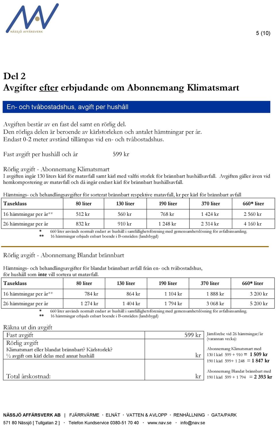 Fast avgift per hushåll och år 599 - Abonnemang Klimatsmart I avgiften ingår 130 liters kärl för matavfall samt kärl med valfri storlek för brännbart hushållsavfall.