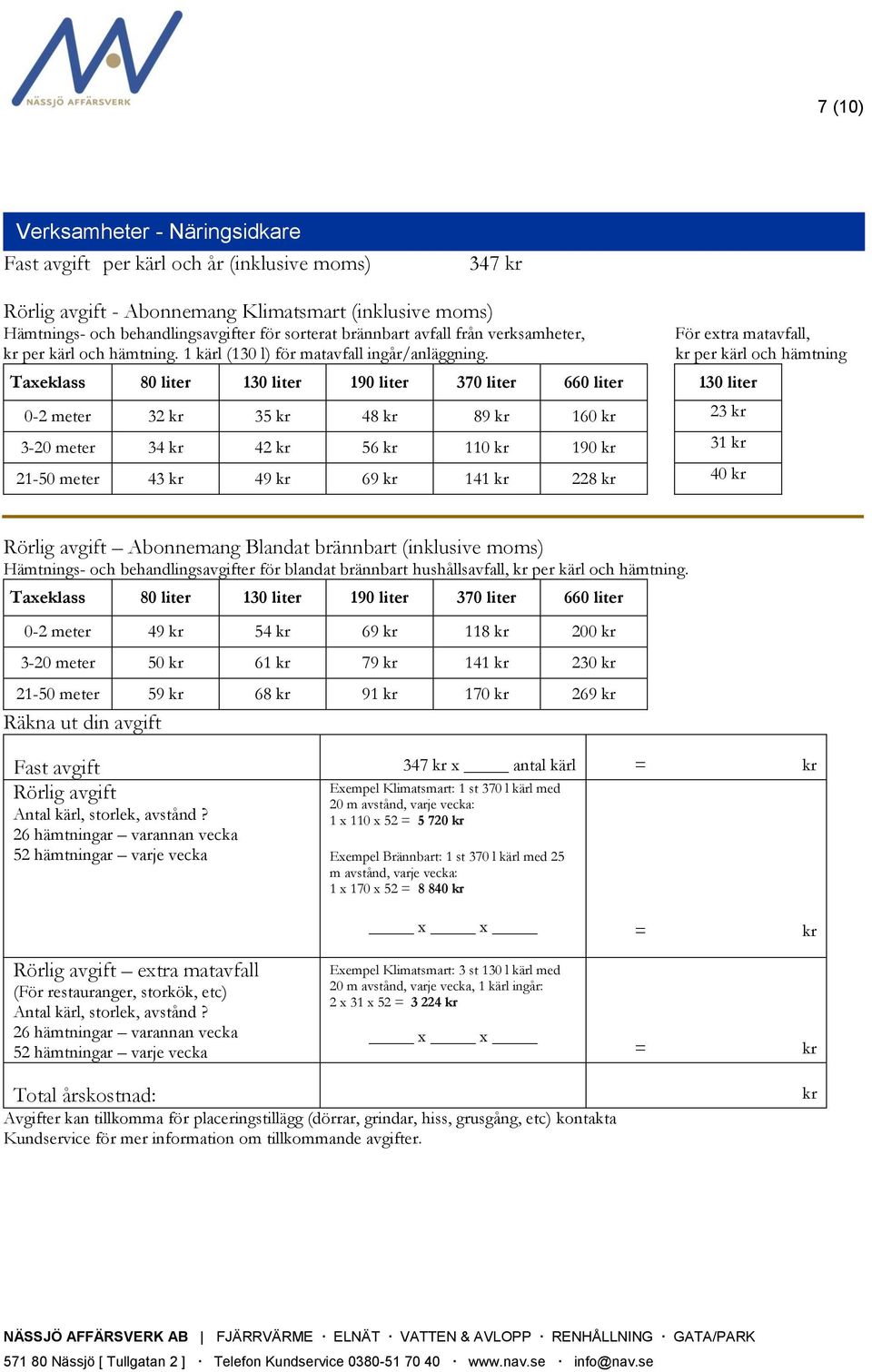 Taxeklass 80 liter 130 liter 190 liter 370 liter 660 liter 130 liter 0-2 meter 32 35 48 89 160 23 3-20 meter 34 42 56 110 190 31 21-50 meter 43 49 69 141 228 40 För extra matavfall, per kärl och