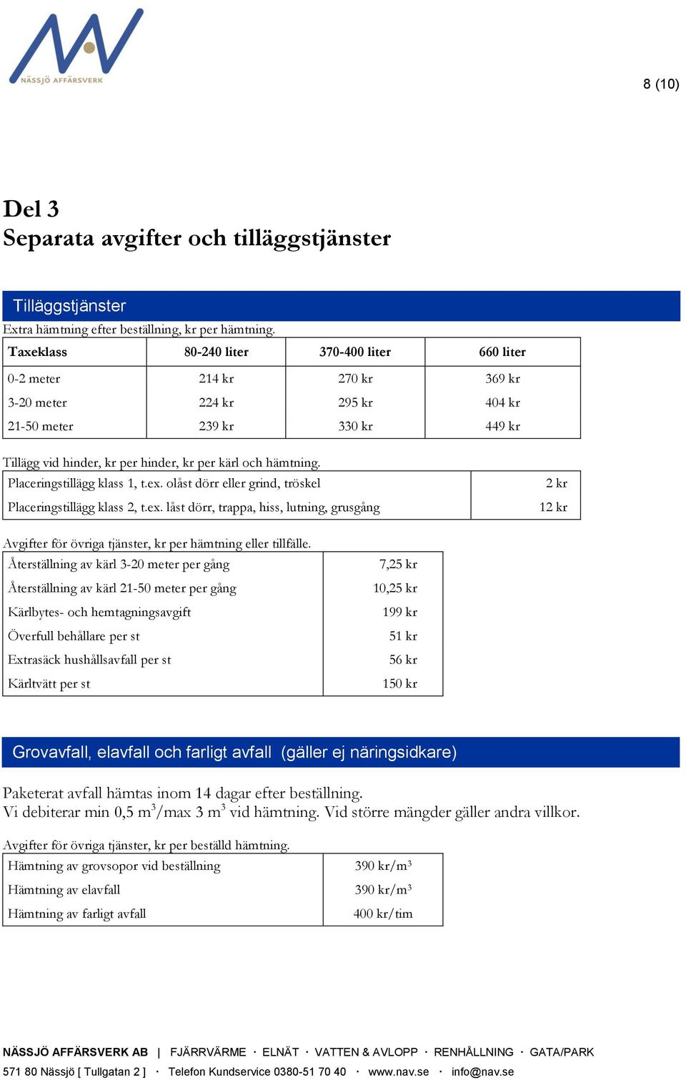 ex. olåst dörr eller grind, tröskel Placeringstillägg klass 2, t.ex. låst dörr, trappa, hiss, lutning, grusgång 2 12 Avgifter för övriga tjänster, per hämtning eller tillfälle.