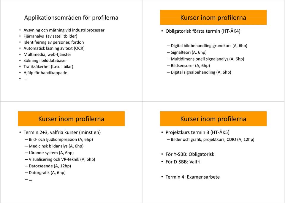 i bilar) Hjälpför handikappade Kurser inom profilerna Obligatorisk första termin (HT ÅK4) Digital bildbehandling grundkurs (A, 6hp) Signalteori i (A, 6hp) Multidimensionell signalanalys (A, 6hp)