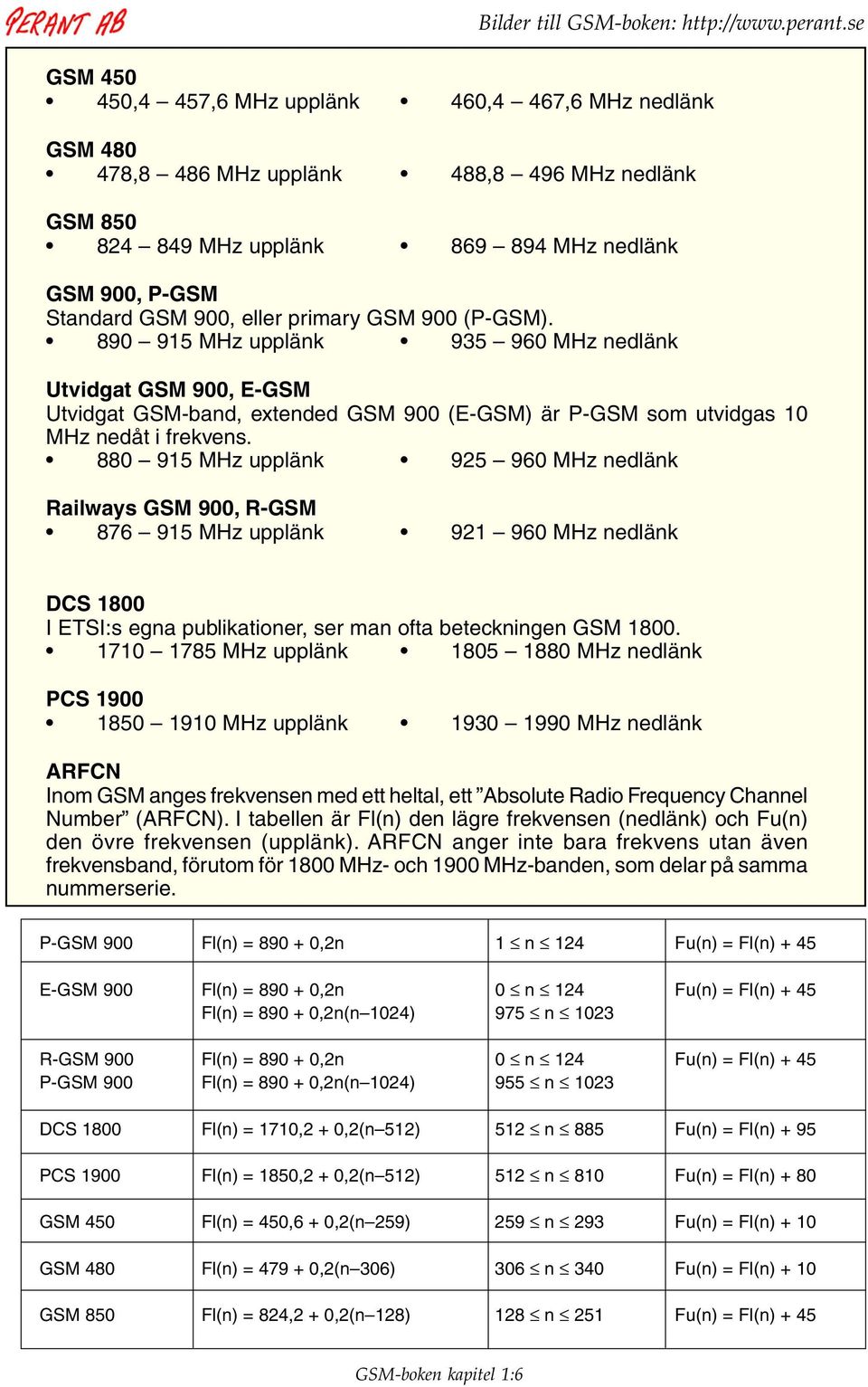 880 915 MHz upplänk 925 960 MHz nedlänk Railways GSM 900, R-GSM 876 915 MHz upplänk 921 960 MHz nedlänk DCS 1800 I ETSI:s egna publikationer, ser man ofta beteckningen GSM 1800.