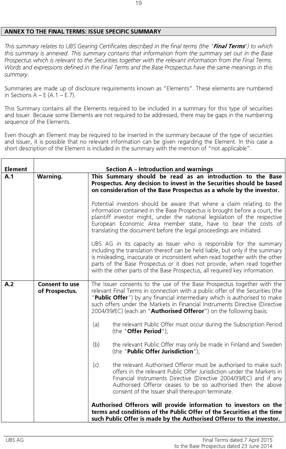 Words and expressions defined in the Final Terms and the Base Prospectus have the same meanings in this summary. Summaries are made up of disclosure requirements known as Elements.