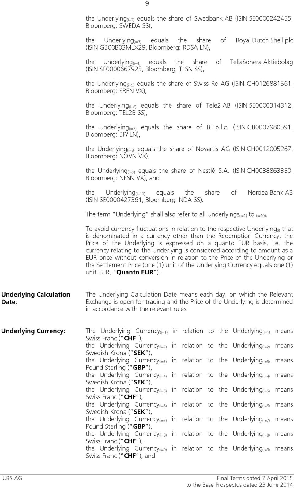 VX), the Underlying (i=6) equals the share of Tele2 AB (ISIN SE0000314312, Bloomberg: TEL2B SS), the Underlying (i=7) equals the share of BP p.l.c.