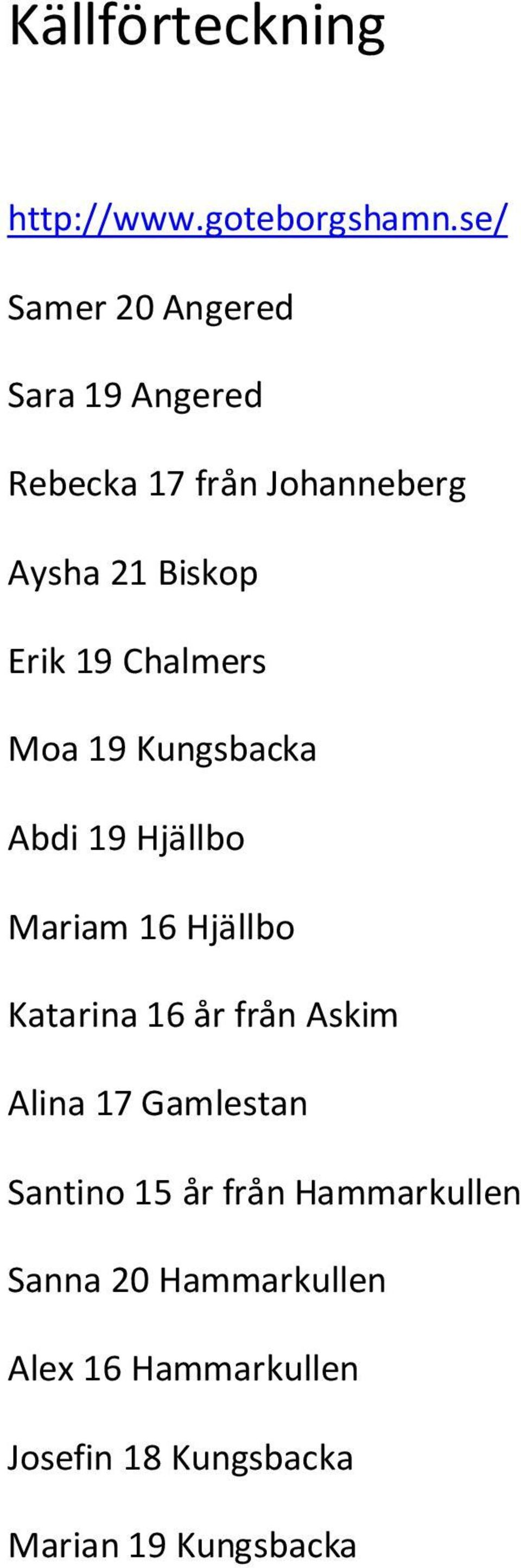 Chalmers Moa 19 Kungsbacka Abdi 19 Hjällbo Mariam 16 Hjällbo Katarina 16 år från Askim