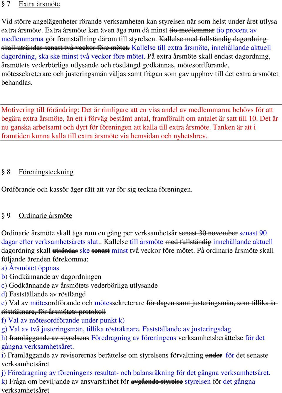 Kallelse med fullständig dagordning skall utsändas senast två veckor före mötet. Kallelse till extra årsmöte, innehållande aktuell dagordning, ska ske minst två veckor före mötet.