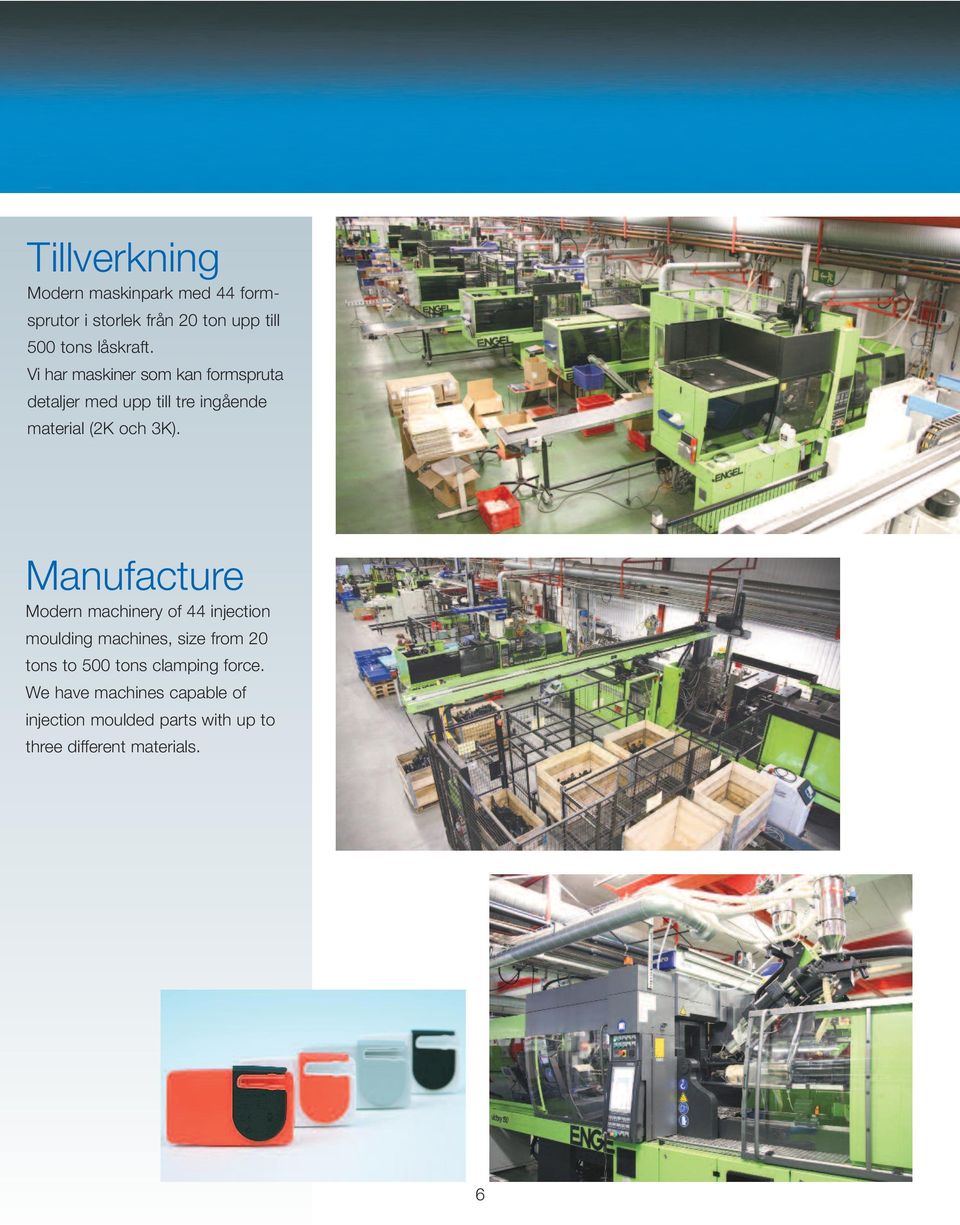 Manufacture Modern machinery of 44 injection moulding machines, size from 20 tons to 500 tons