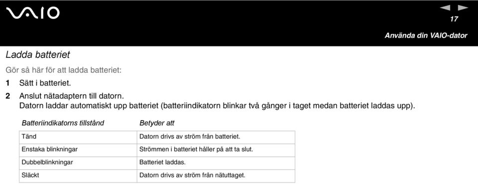 n 17 N Använda din VAIO-dator Batteriindikatorns tillstånd Tänd Enstaka blinkningar Dubbelblinkningar Släckt Betyder