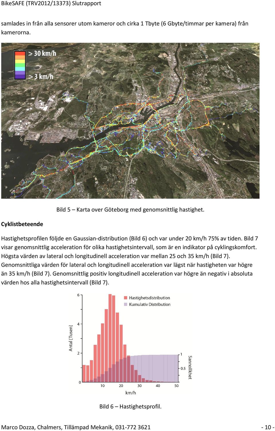 Bild 7 visar genomsnittlig acceleration för olika hastighetsintervall, som är en indikator på cyklingskomfort.