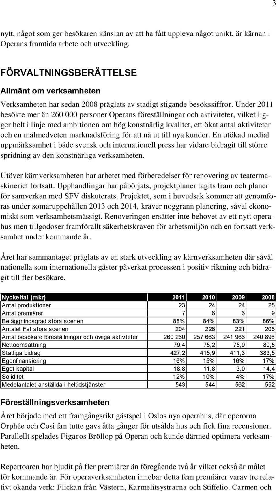 Under 2011 besökte mer än 260 000 personer Operans föreställningar och aktiviteter, vilket ligger helt i linje med ambitionen om hög konstnärlig kvalitet, ett ökat antal aktiviteter och en