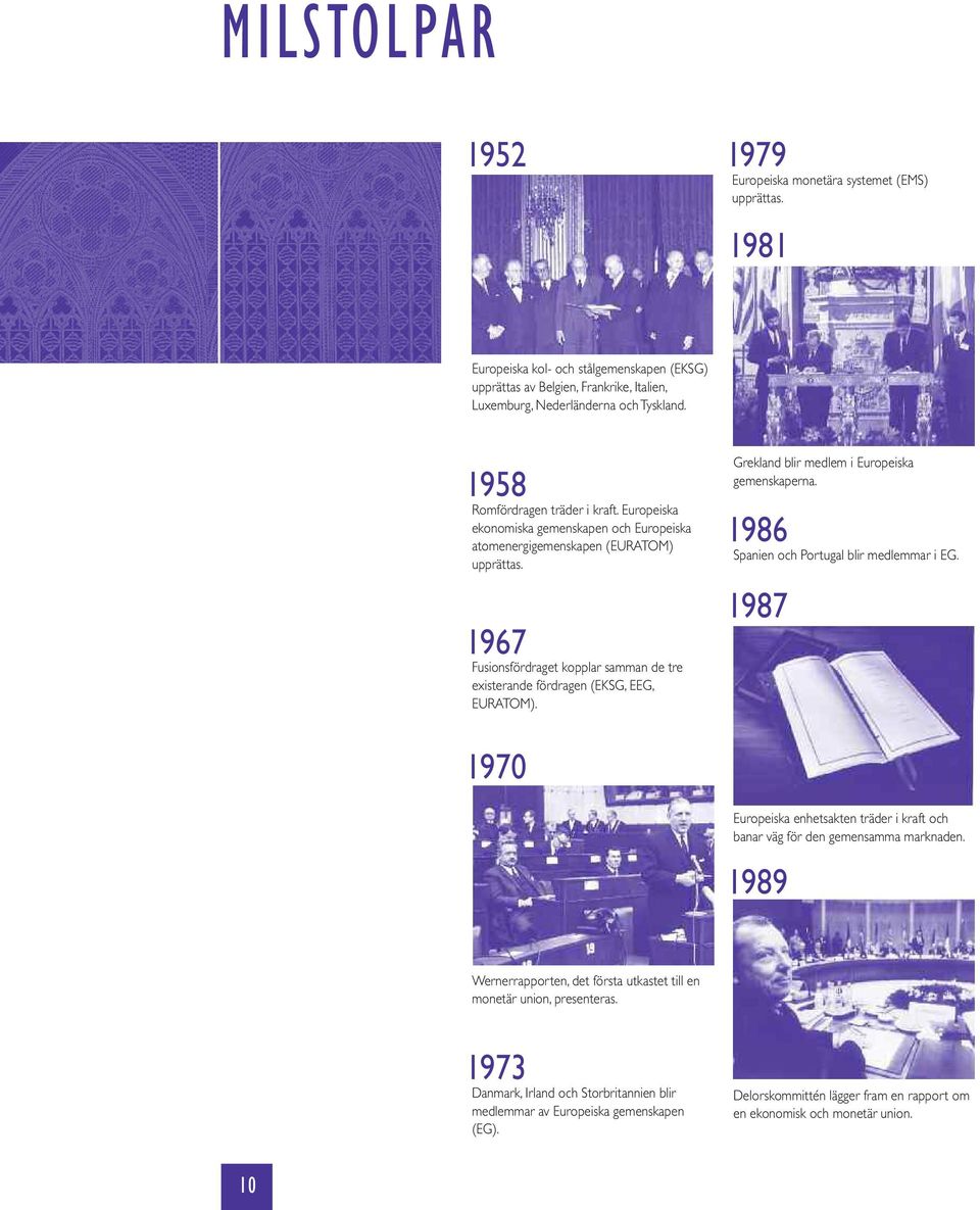 1967 Fusionsfördraget kopplar samman de tre existerande fördragen (EKSG, EEG, EURATOM). Grekland blir medlem i Europeiska gemenskaperna. 1986 Spanien och Portugal blir medlemmar i EG.