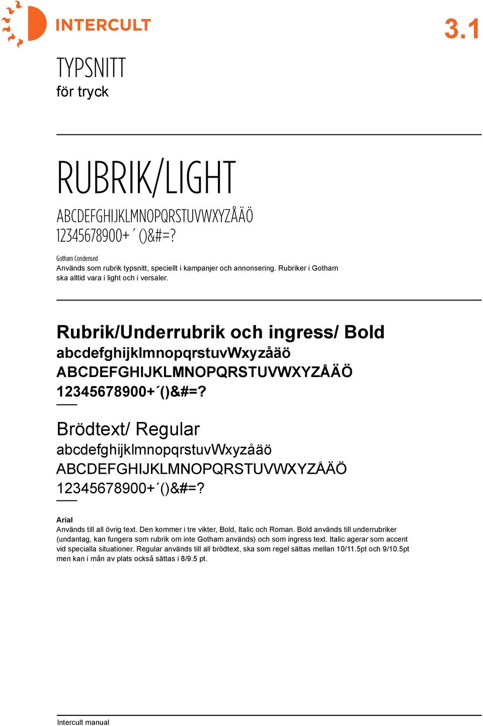 Brödtext/ Regular abcdefghijklmnopqrstuvwxyzåäö abcdefghijklmnopqrstuvwxyzåäö 12345678900+ ()&#=? Arial Används till all övrig text. Den kommer i tre vikter, Bold, Italic och Roman.