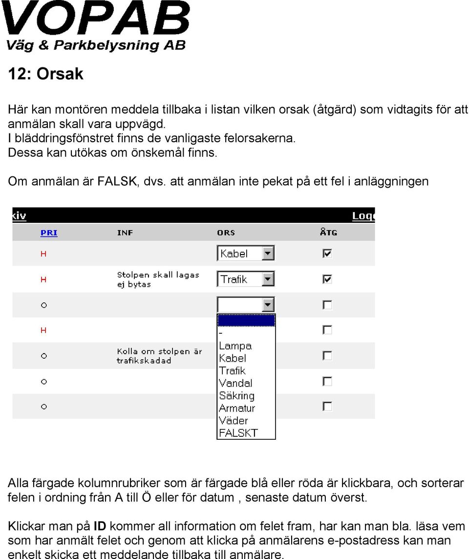 att anmälan inte pekat på ett fel i anläggningen Alla färgade kolumnrubriker som är färgade blå eller röda är klickbara, och sorterar felen i ordning från A till Ö