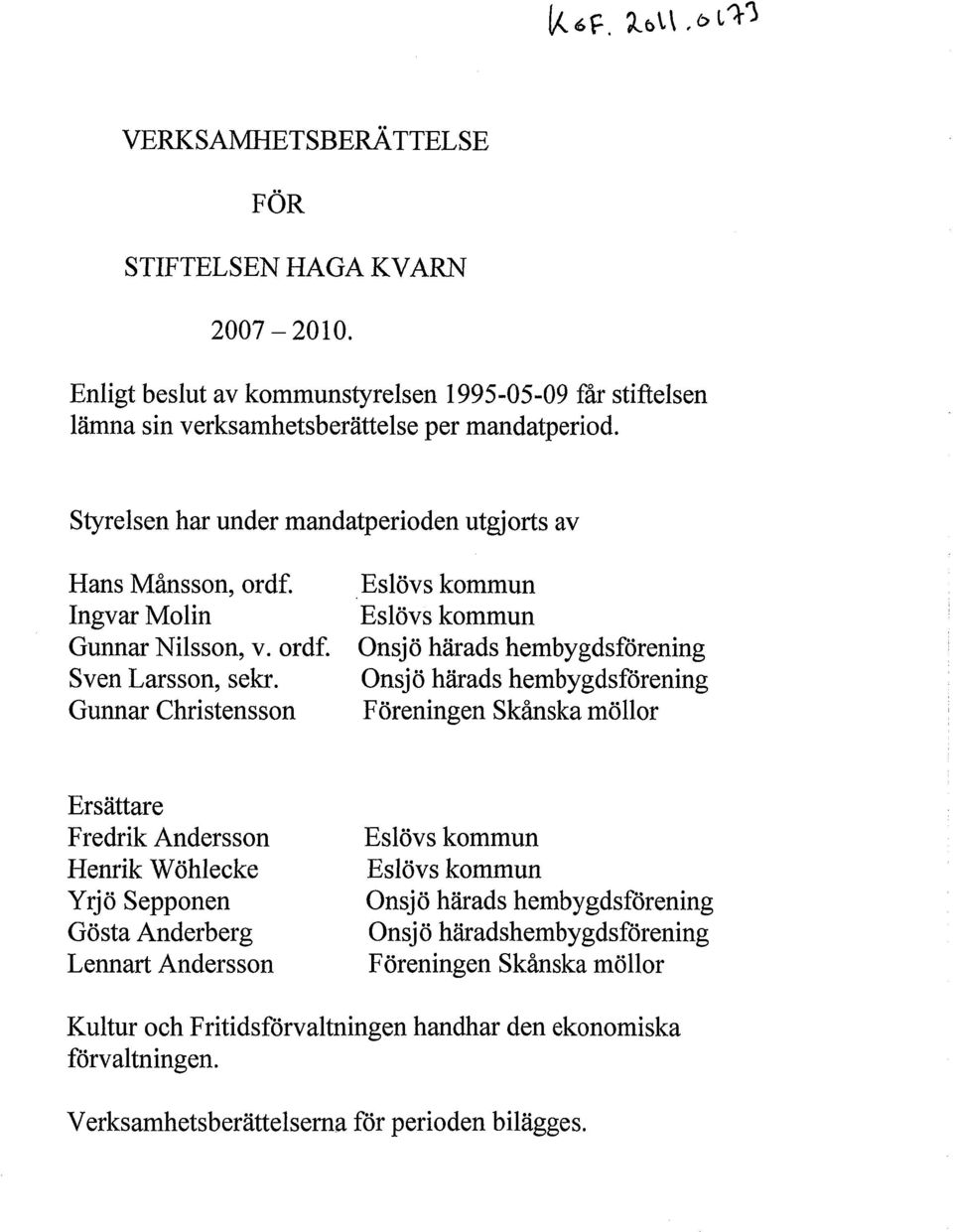 Gunnar Christensson Eslövs kommun Eslövs kommun Onsjö härads hembygdsförening Onsjö härads hembygdsförening Föreningen Skånska möllor Ersättare Fredrik Andersson Henrik Wöhlecke Yrjö