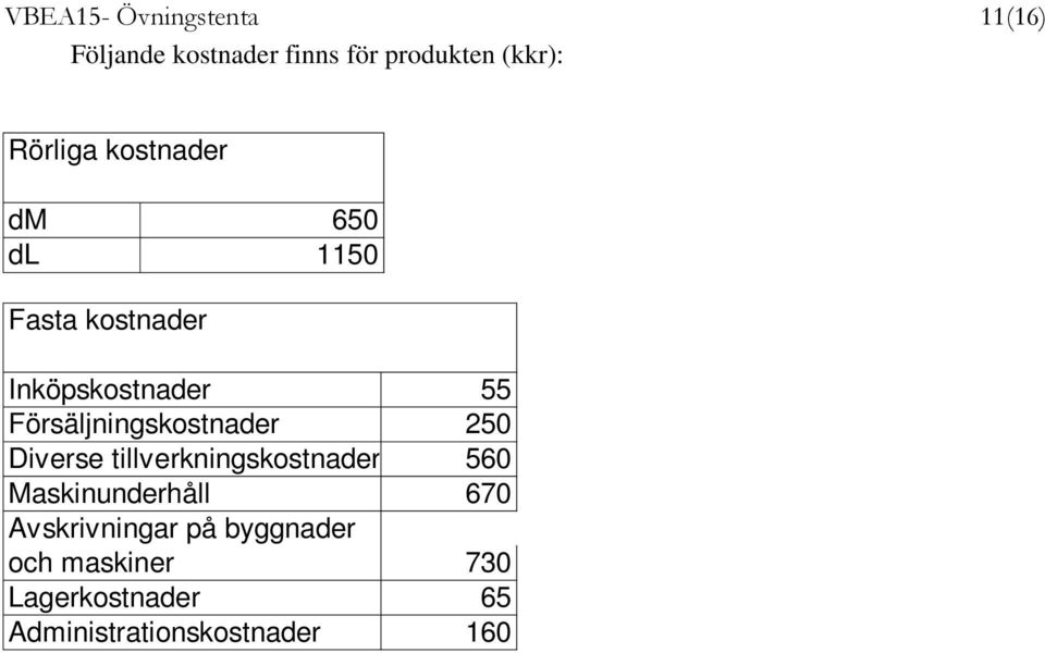 Försäljningskostnader 250 Diverse tillverkningskostnader 560 Maskinunderhåll