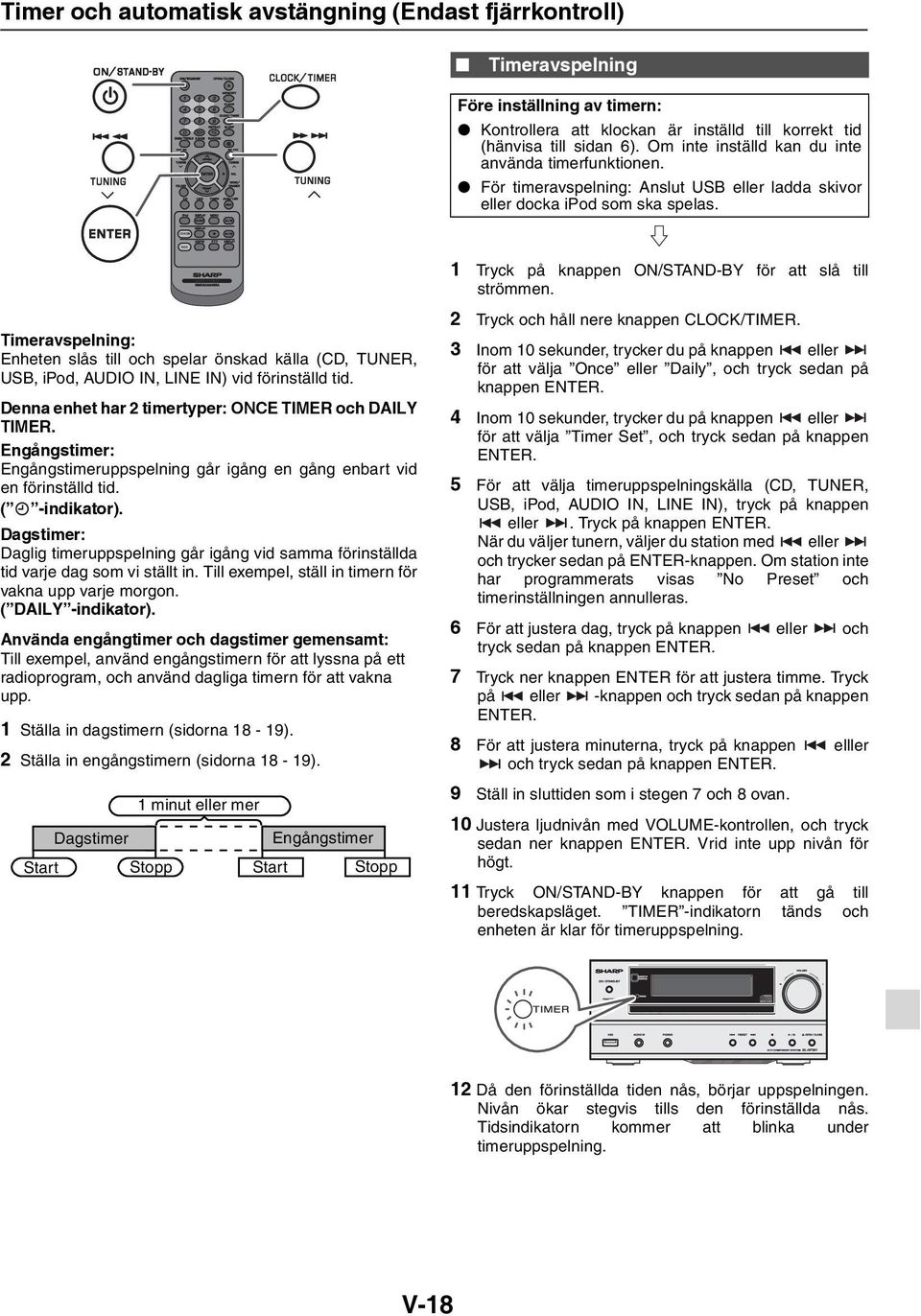 Timeravspelning: Enheten slås till och spelar önskad källa (CD, TUNER, USB, ipod, AUDIO IN, LINE IN) vid förinställd tid. Denna enhet har 2 timertyper: ONCE TIMER och DAILY TIMER.