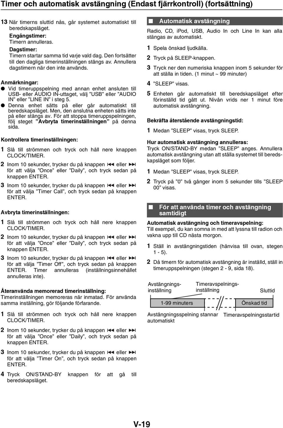 Vid timeruppspelning med annan enhet ansluten till USB- eller AUDIO IN-uttaget, välj USB eller AUDIO IN eller LINE IN i steg 5. Denna enhet sätts på eller går automatiskt till beredskapsläget.