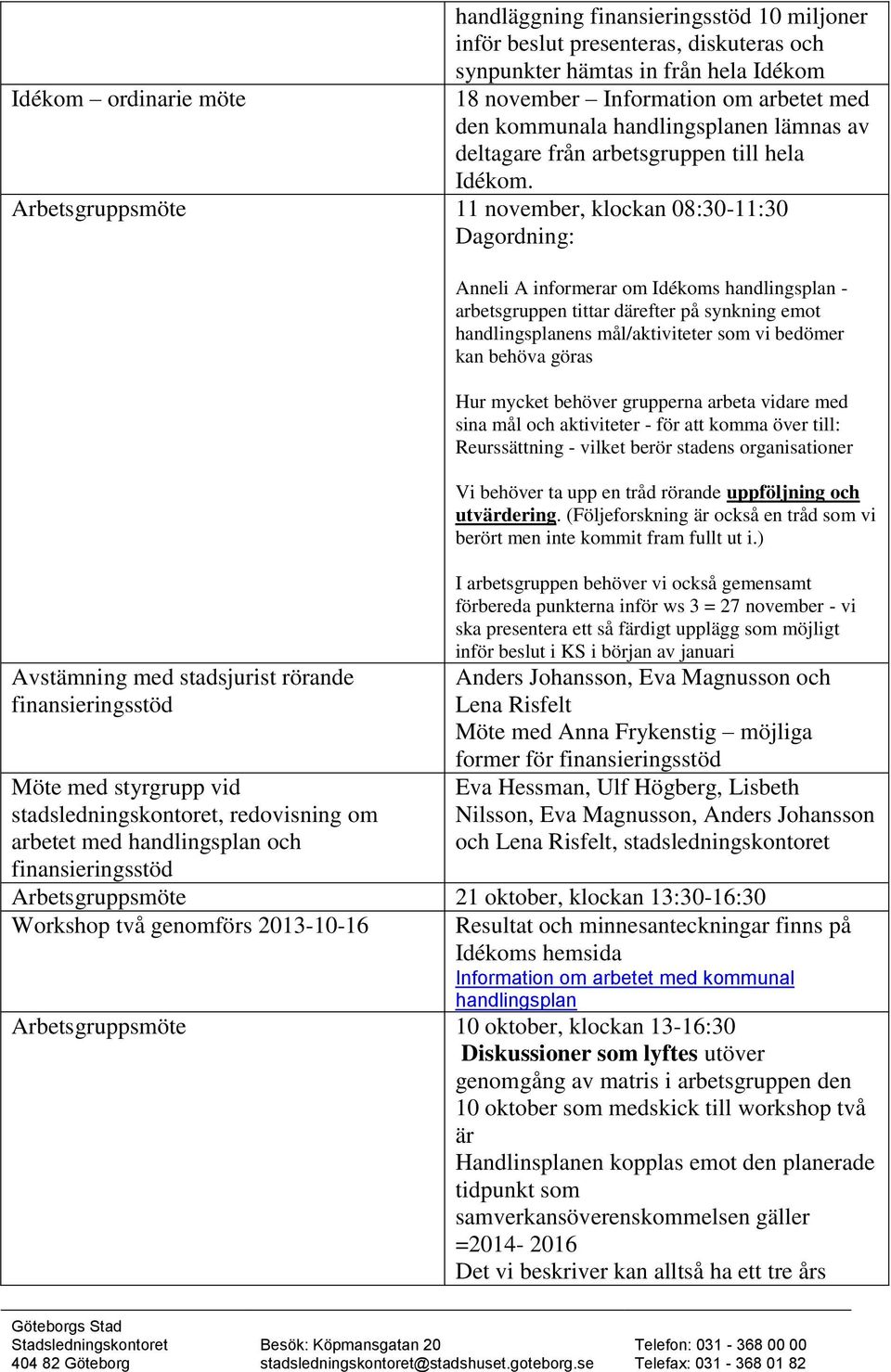 Arbetsgruppsmöte 11 november, klockan 08:30-11:30 Dagordning: Avstämning med stadsjurist rörande finansieringsstöd Möte med styrgrupp vid, redovisning om arbetet med handlingsplan och