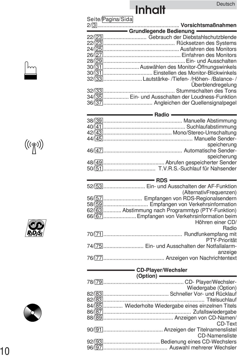 .. Lautstärke- /Tiefen- /Höhen- /Balance- / Überblendregelung 32/ 33... Stummschalten des Tons 34/ 35... Ein- und Ausschalten der Loudness-Funktion 36/ 37.