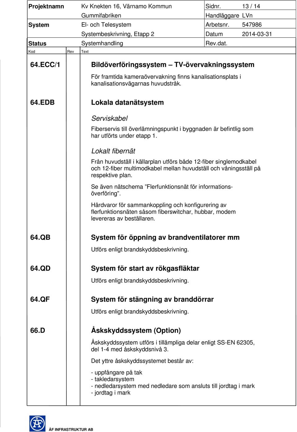 EDB Lokala datanätsystem Serviskabel Fiberservis till överlämningspunkt i byggnaden är befintlig som har utförts under etapp 1.