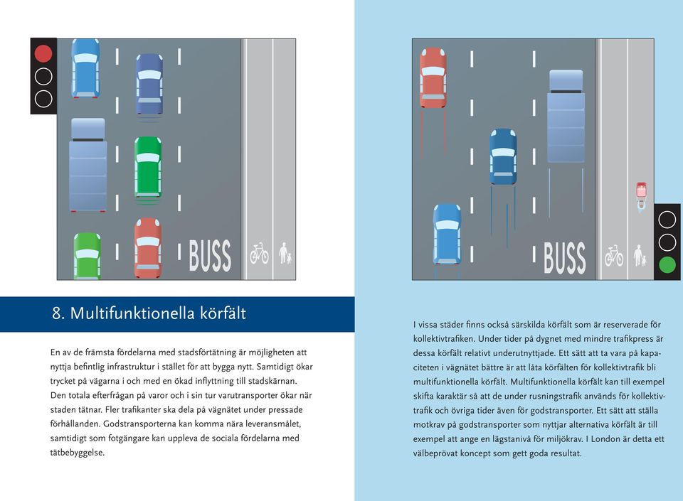 Fler trafikanter ska dela på vägnätet under pressade förhållanden. Godstransporterna kan komma nära leveransmålet, samtidigt som fotgängare kan uppleva de sociala fördelarna med tätbebyggelse.