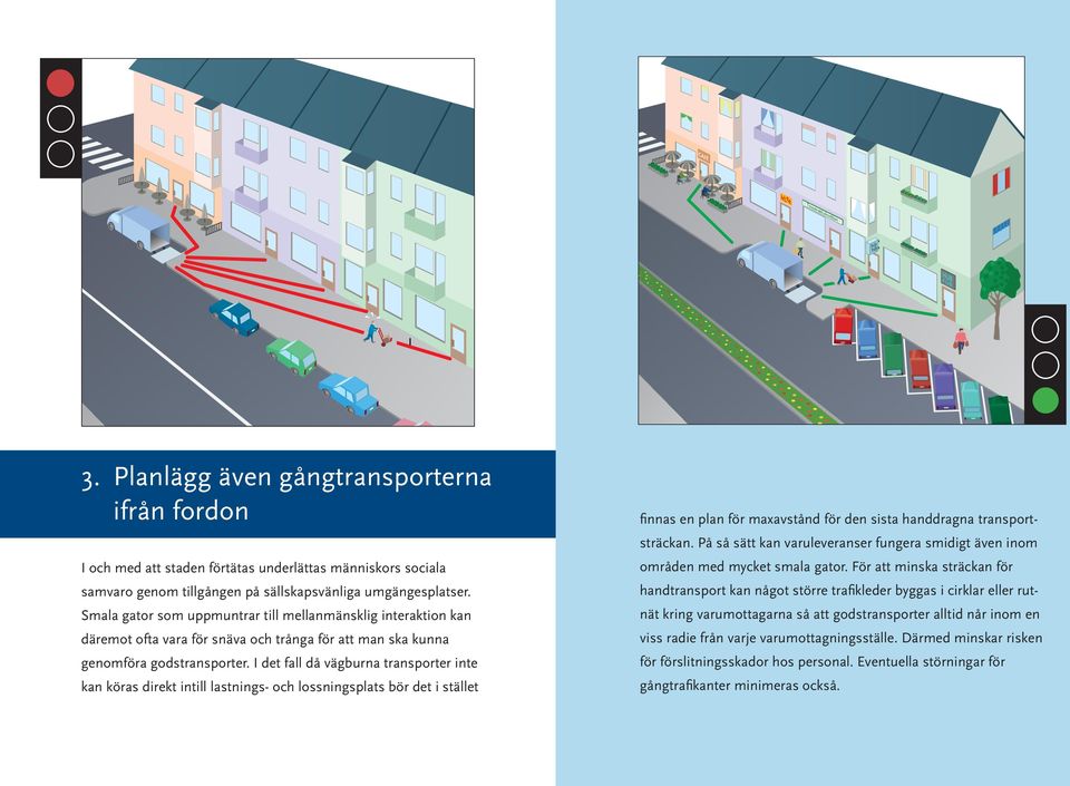 I det fall då vägburna transporter inte kan köras direkt intill lastnings- och lossningsplats bör det i stället finnas en plan för maxavstånd för den sista handdragna transportsträckan.