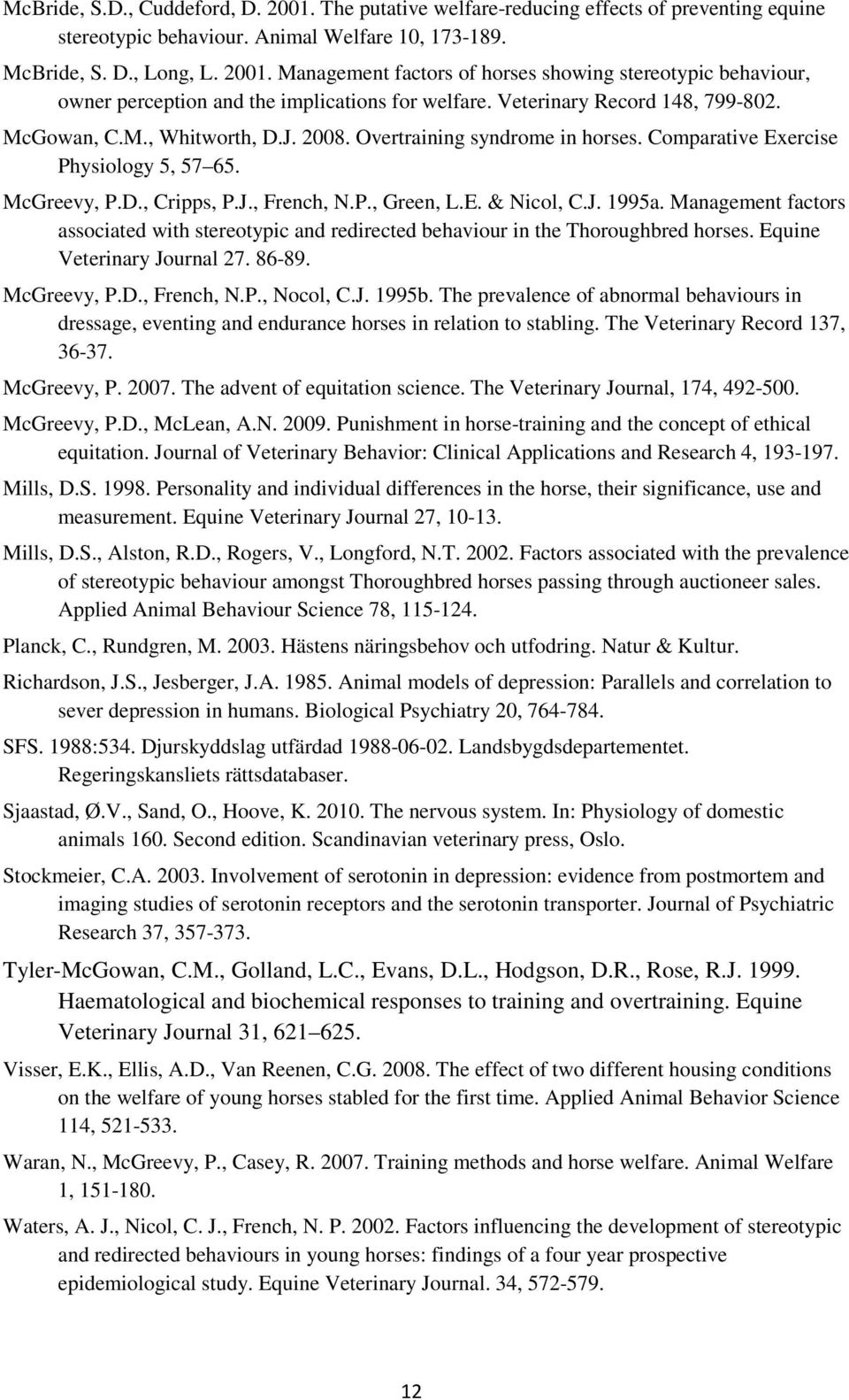 J. 1995a. Management factors associated with stereotypic and redirected behaviour in the Thoroughbred horses. Equine Veterinary Journal 27. 86-89. McGreevy, P.D., French, N.P., Nocol, C.J. 1995b.