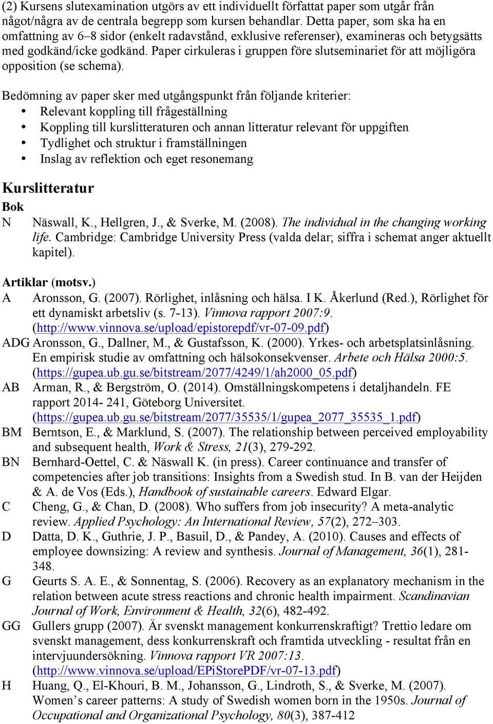 Paper cirkuleras i gruppen före slutseminariet för att möjligöra opposition (se schema).