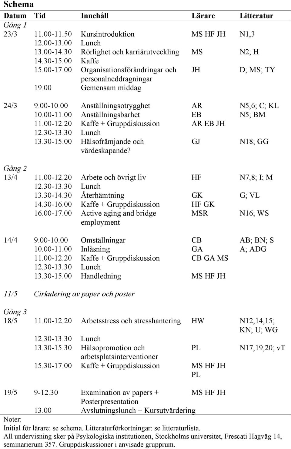 20 Kaffe + Gruppdiskussion AR EB JH 13.30-15.00 Hälsofrämjande och värdeskapande? GJ N18; GG Gång 2 13/4 11.00-12.20 Arbete och övrigt liv HF N7,8; I; M 13.30-14.30 Återhämtning GK G; VL 14.30-16.