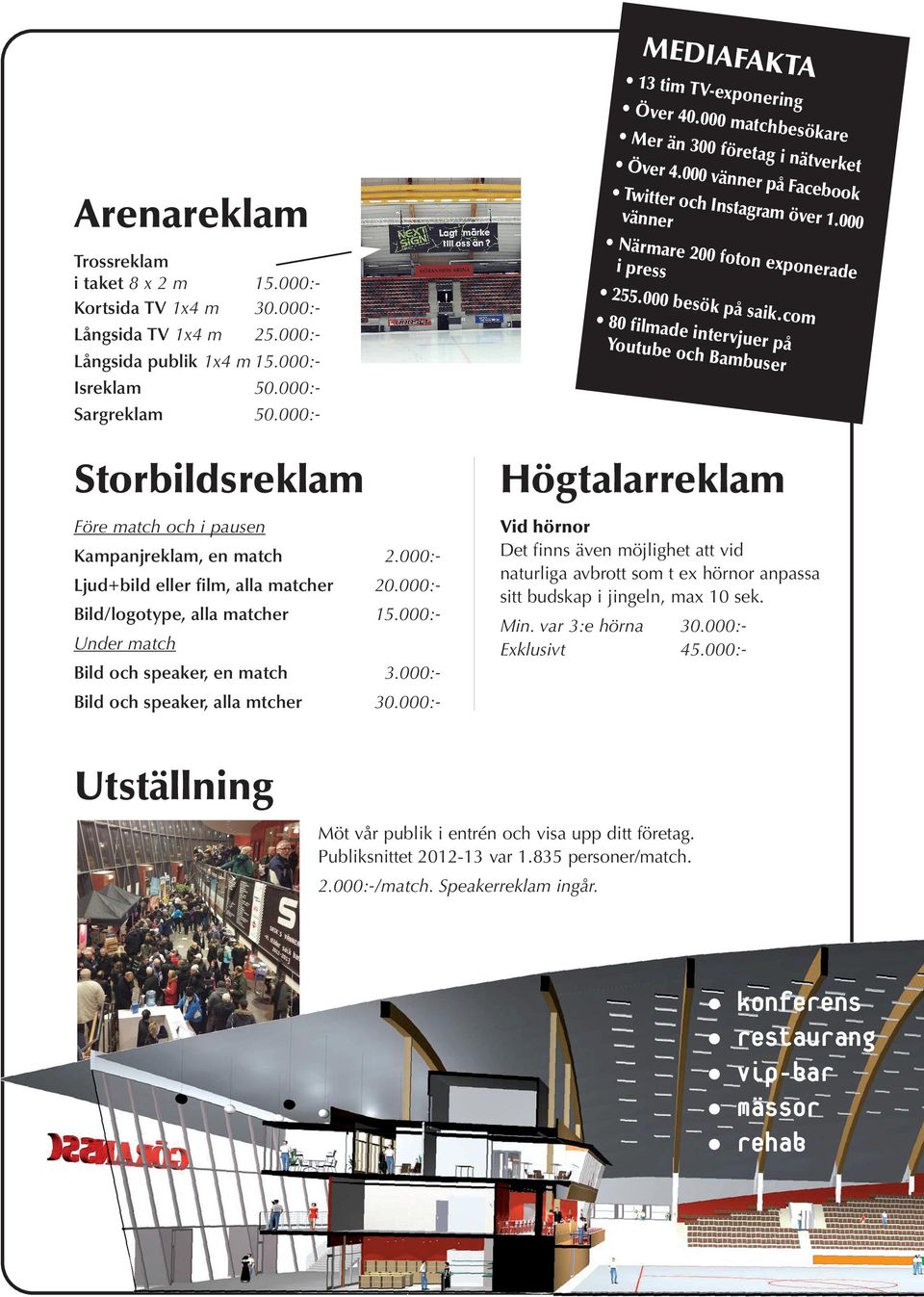 000:Långsida TV 1x4 m 25.000:Långsida publik 1x4 m 15.000:Isreklam 50.000:Sargreklam 50.