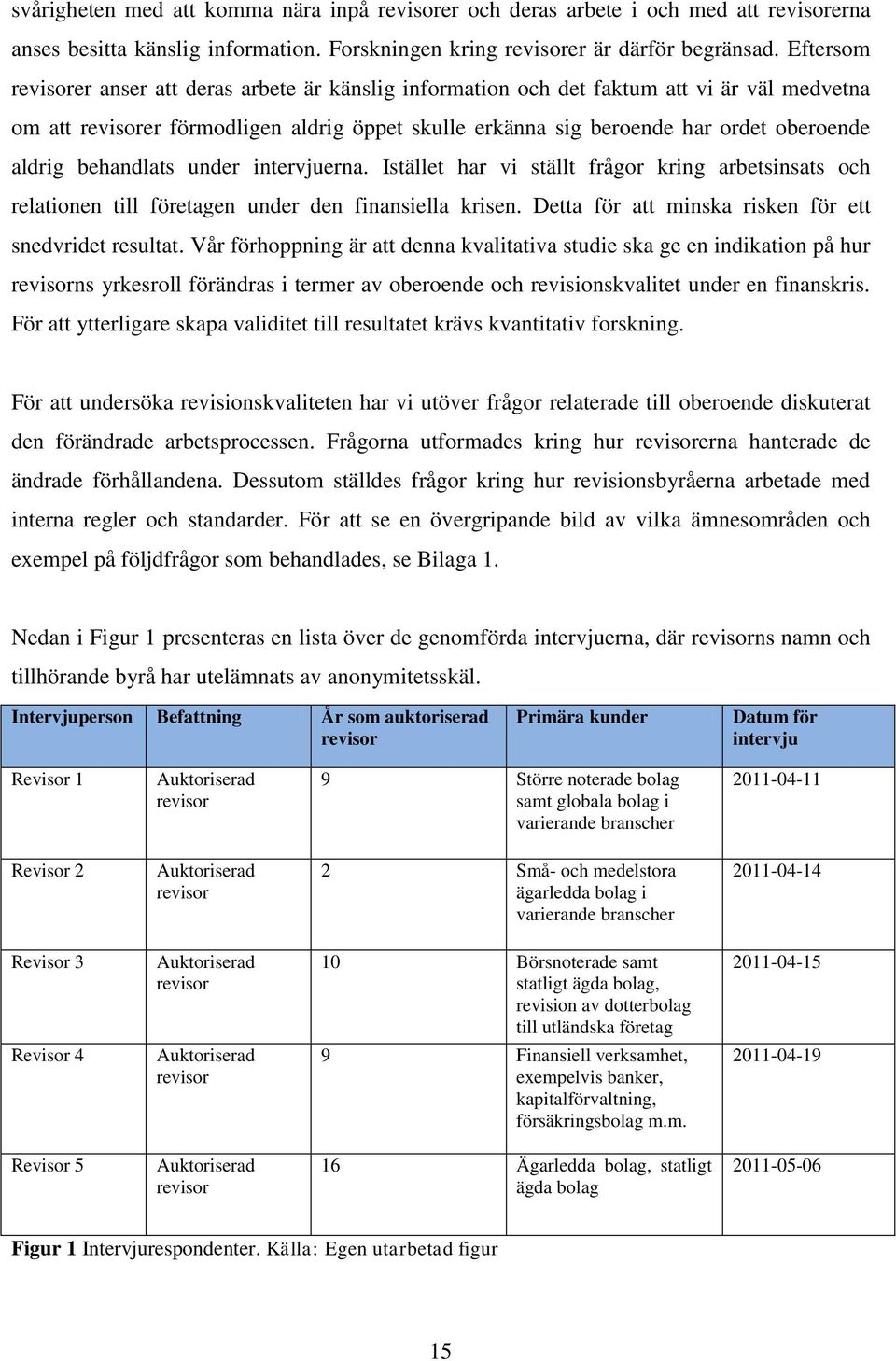 behandlats under intervjuerna. Istället har vi ställt frågor kring arbetsinsats och relationen till företagen under den finansiella krisen. Detta för att minska risken för ett snedvridet resultat.