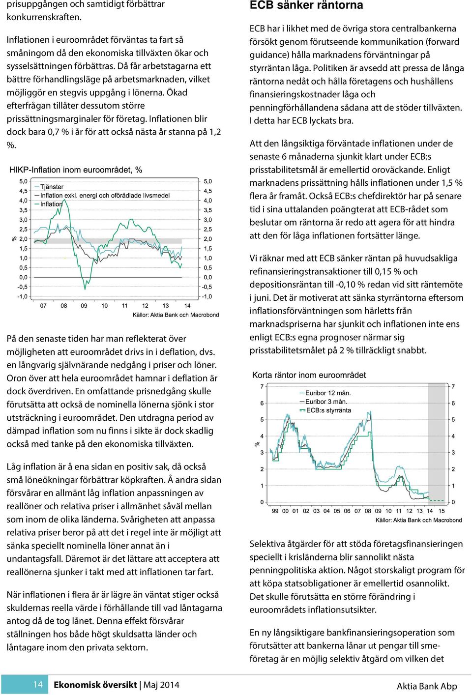 Inflationen blir dock bara 0,7 % i år för att också nästa år stanna på 1,2 %. På den senaste tiden har man reflekterat över möjligheten att euroområdet drivs in i deflation, dvs.